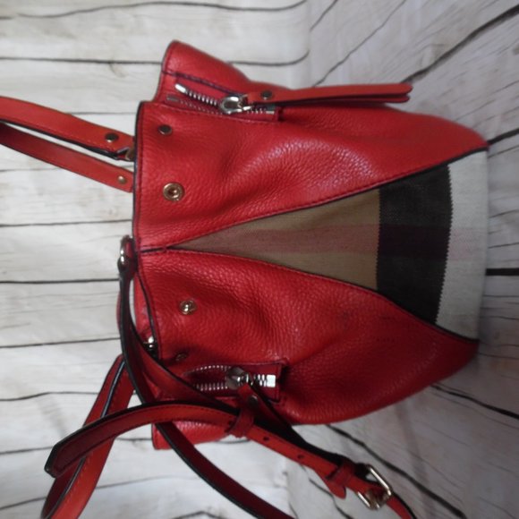 Burberry Medium Red Maidstone Check Calfskin Canvas Tote Crossbody Purse Bag - Picture 6 of 16